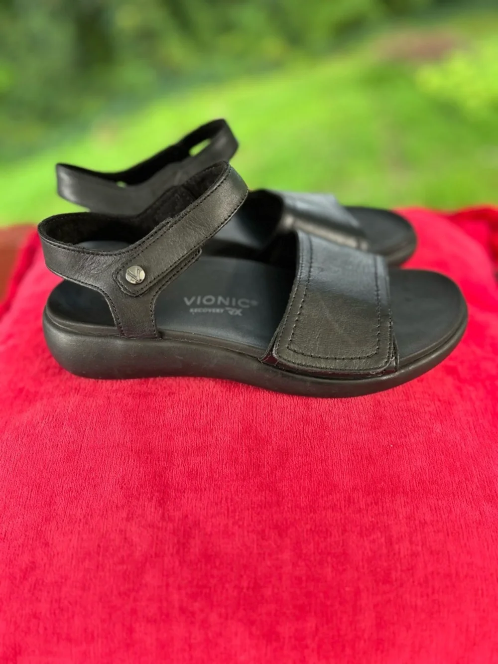 Vionic Black Leather Velcro Strap Sandals